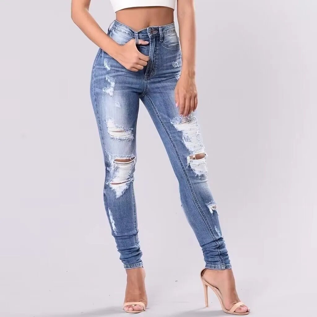 2025 2025 denim ripped women's clothing wish  elastic pants women