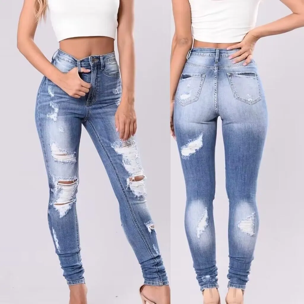 2025 2025 denim ripped women's clothing wish  elastic pants women
