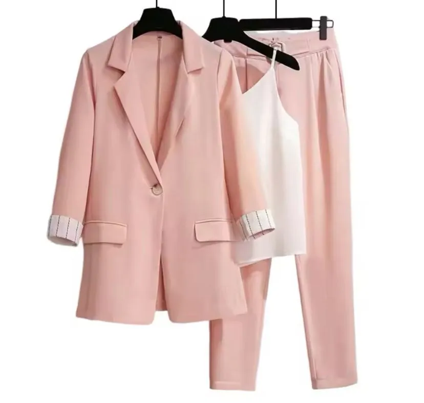 3Pcs/Set Autumn Women Vest Pants Set Solid Color Turn-down Collar Elastic Waist Blazer  490881