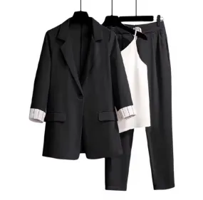 3Pcs/Set Autumn Women Vest Pants Set Solid Color Turn-down Collar Elastic Waist Blazer  490881