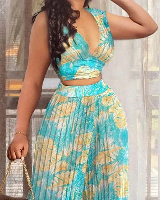 African Summer Sexy Sleeveless V-Neck Vest Straight Leg Large Size Wide Trouser Set Two Pieces S4573971