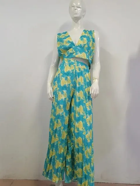 African Summer Sexy Sleeveless V-Neck Vest Straight Leg Large Size Wide Trouser Set Two Pieces S4573971