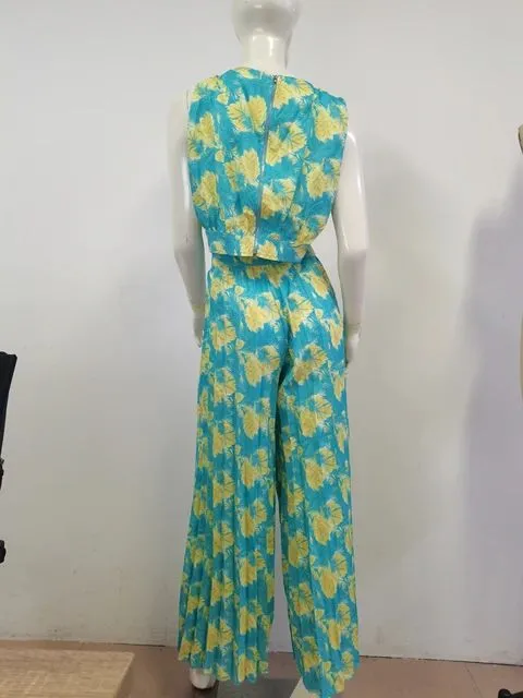 African Summer Sexy Sleeveless V-Neck Vest Straight Leg Large Size Wide Trouser Set Two Pieces S4573971