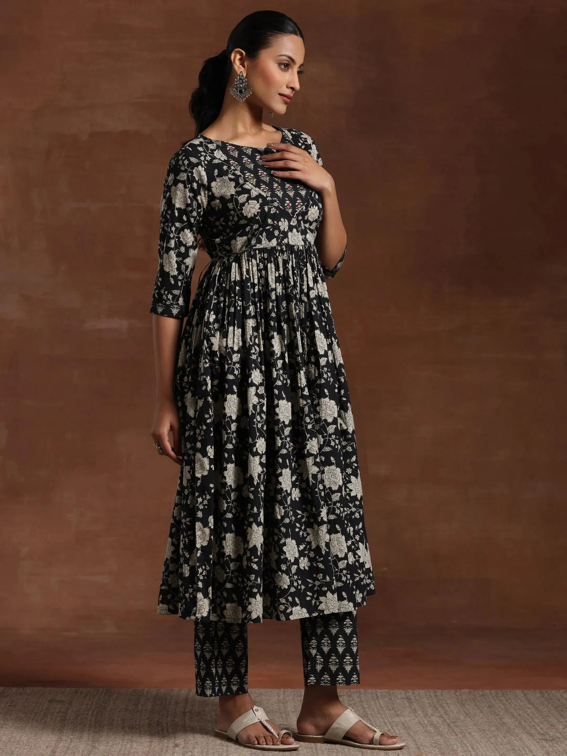Black Printed Pure Cotton Anarkali Suit With Dupatta