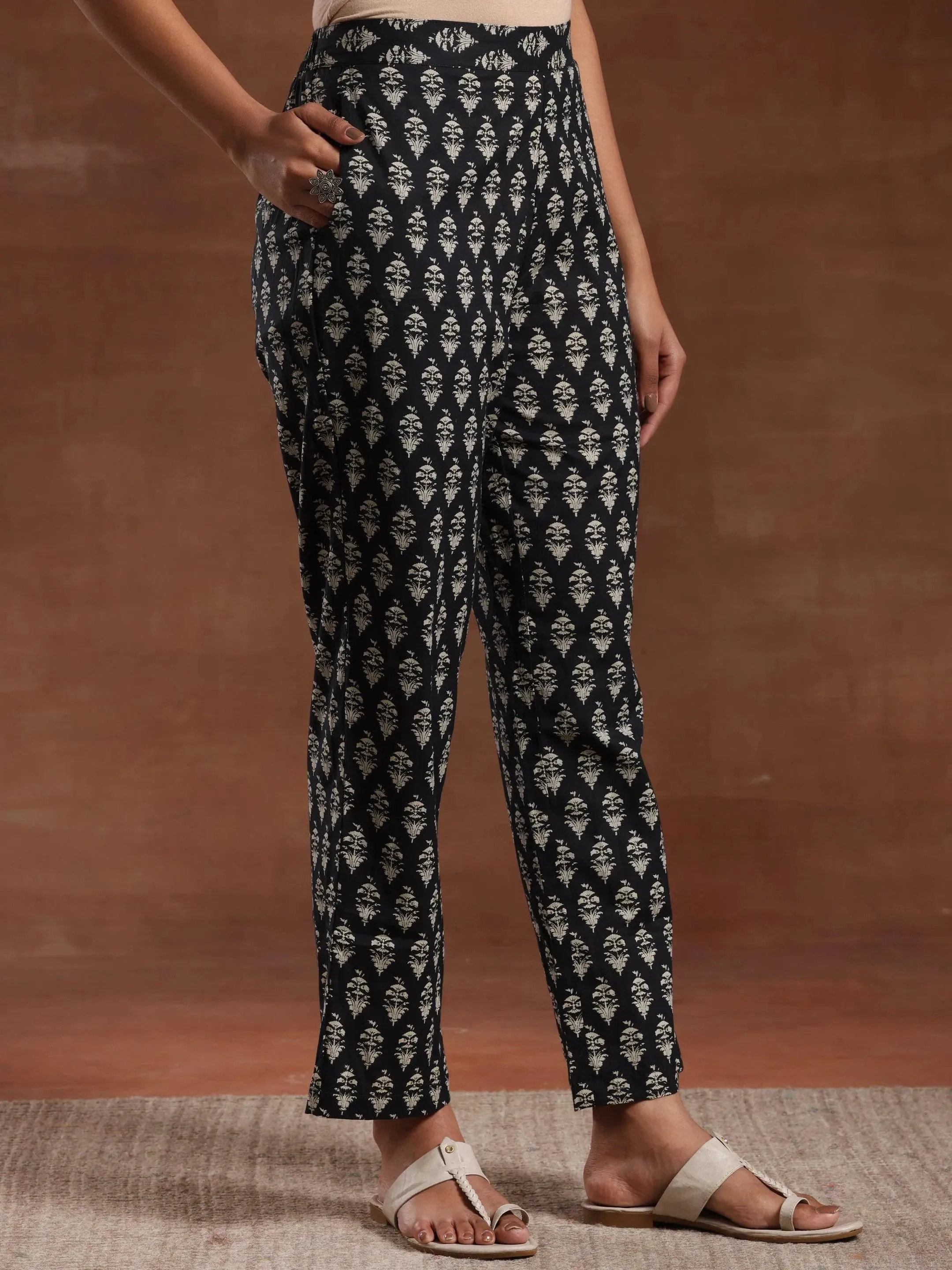 Black Printed Pure Cotton Anarkali Suit With Dupatta