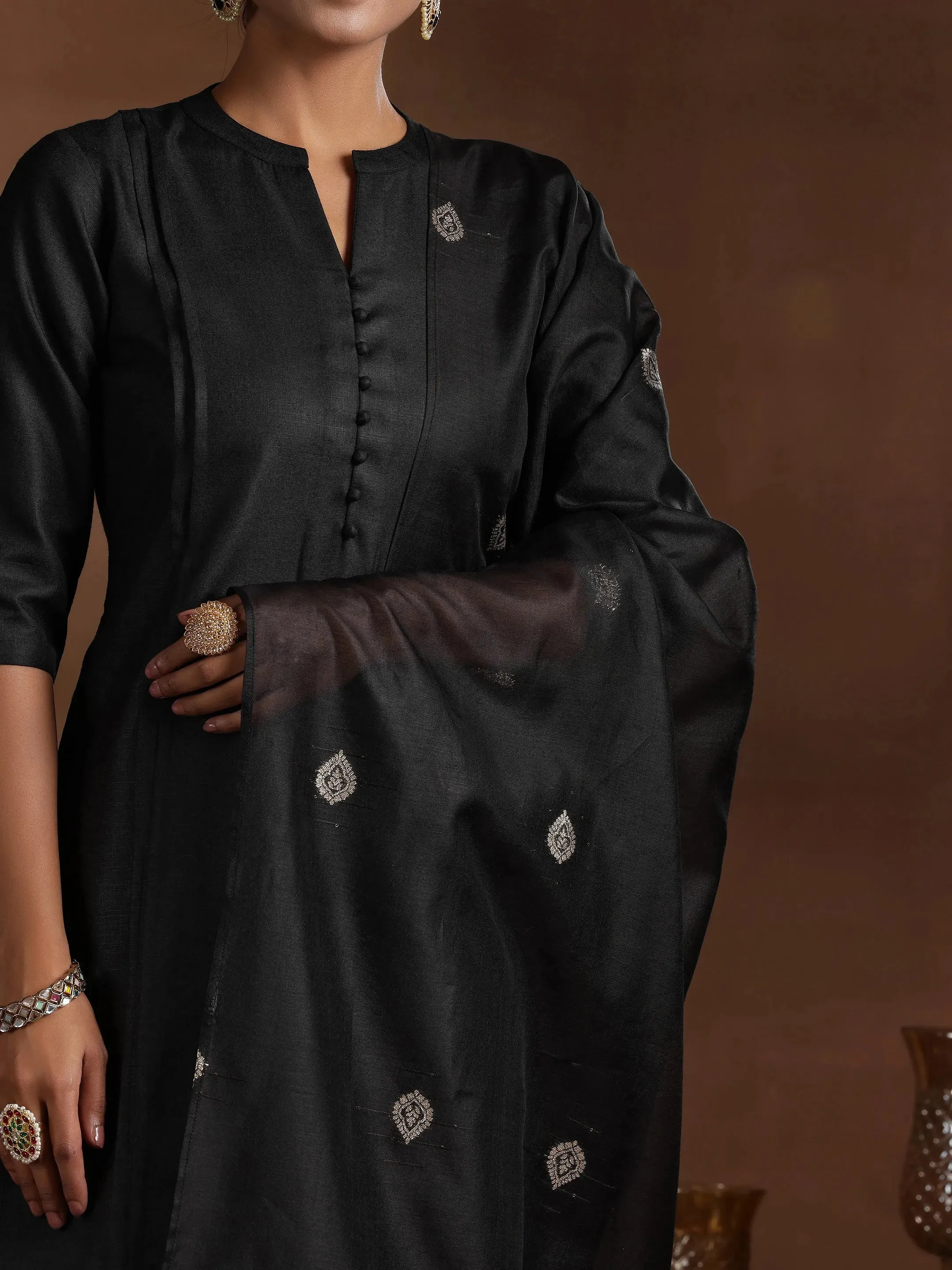 Black Solid Silk Blend Straight Suit With Dupatta