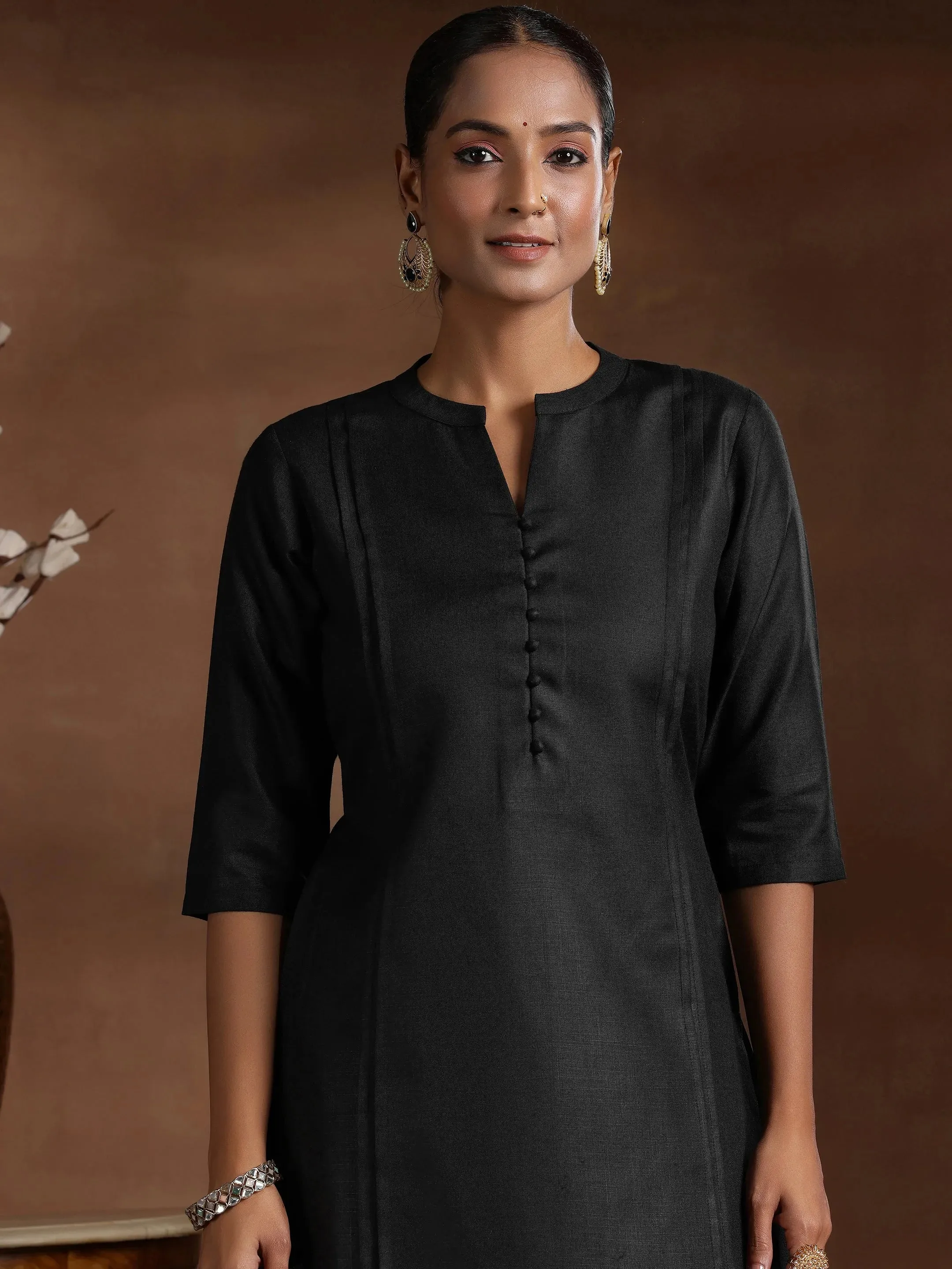 Black Solid Silk Blend Straight Suit With Dupatta
