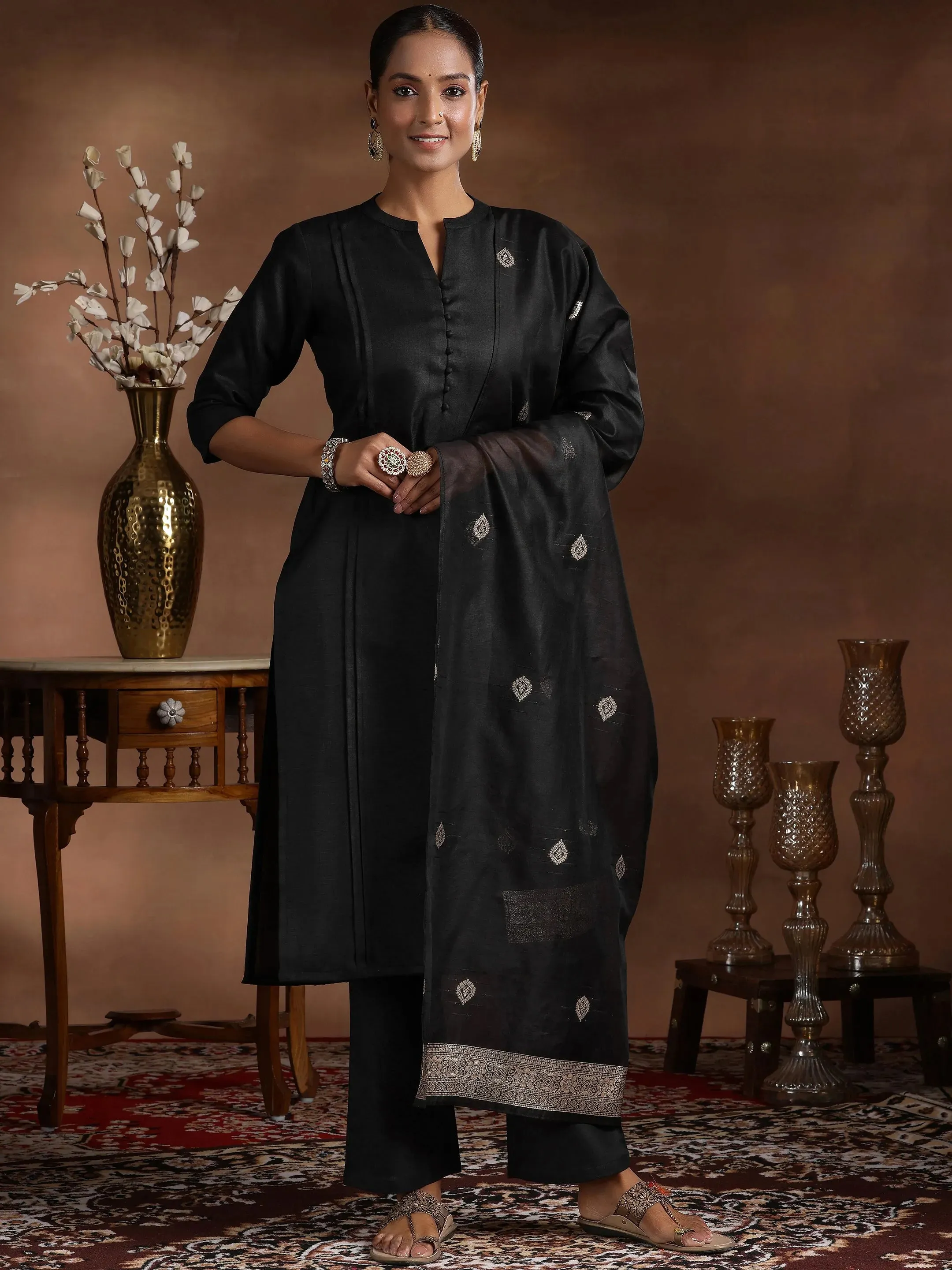 Black Solid Silk Blend Straight Suit With Dupatta