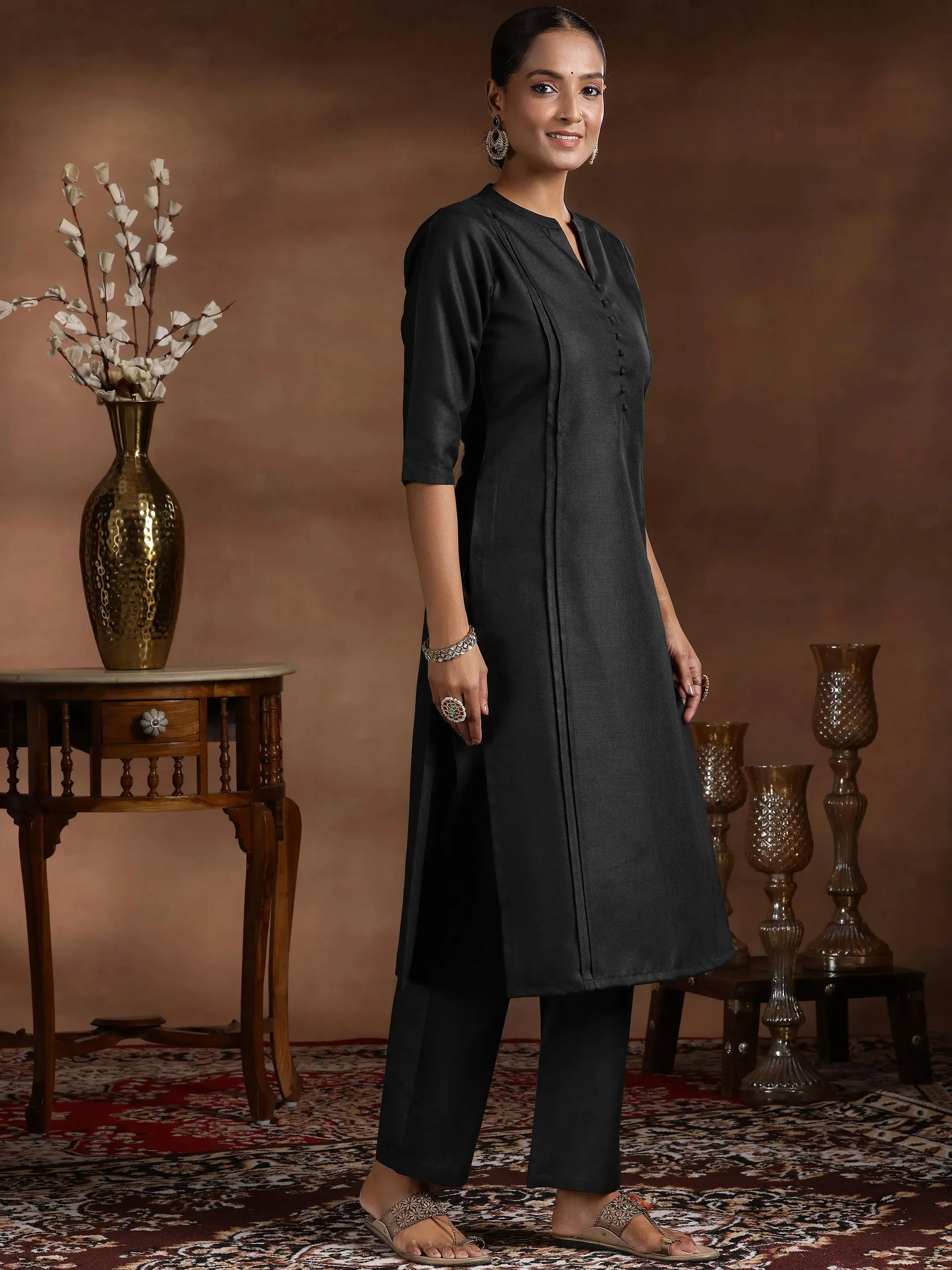 Black Solid Silk Blend Straight Suit With Dupatta