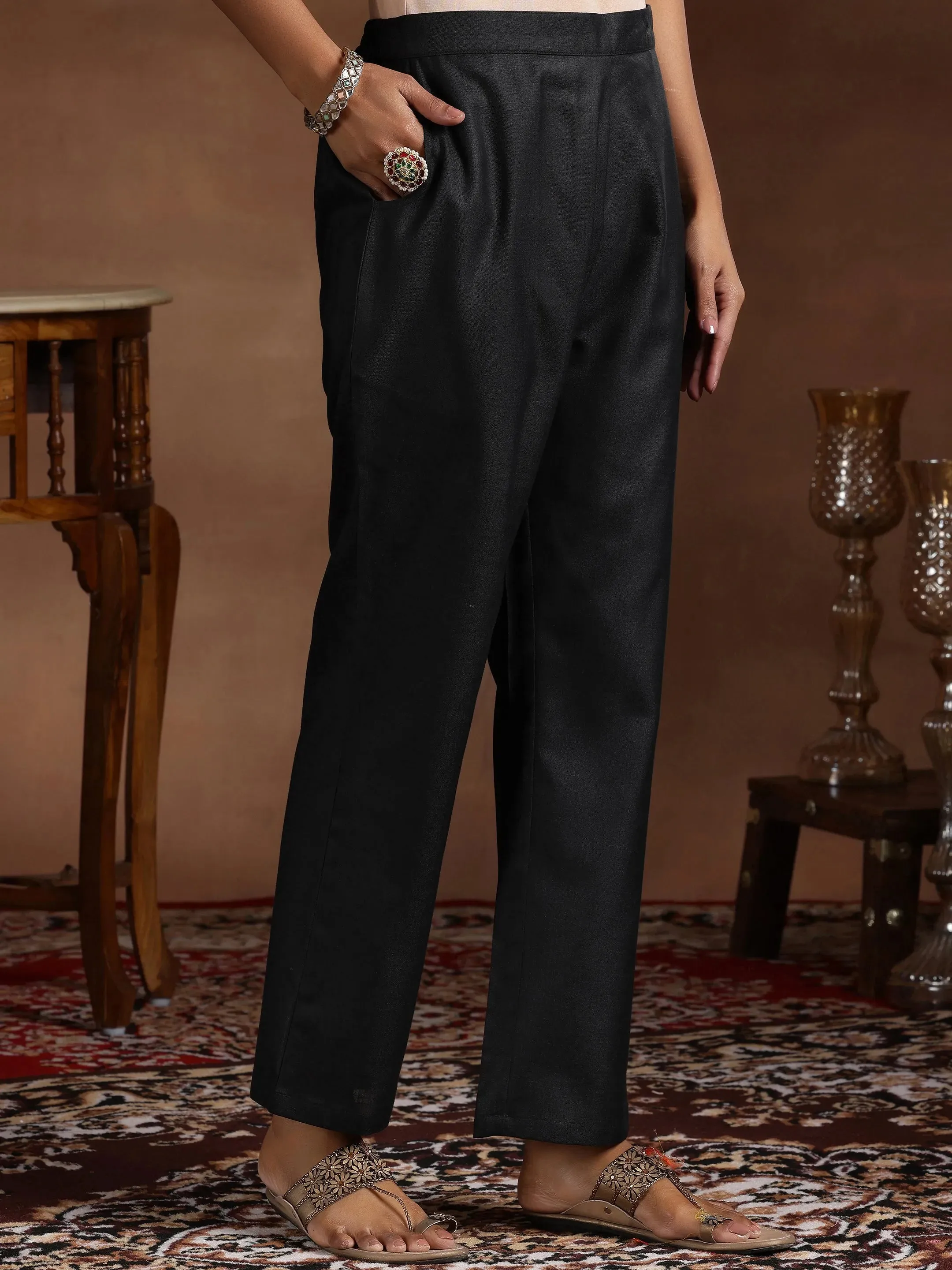 Black Solid Silk Blend Straight Suit With Dupatta