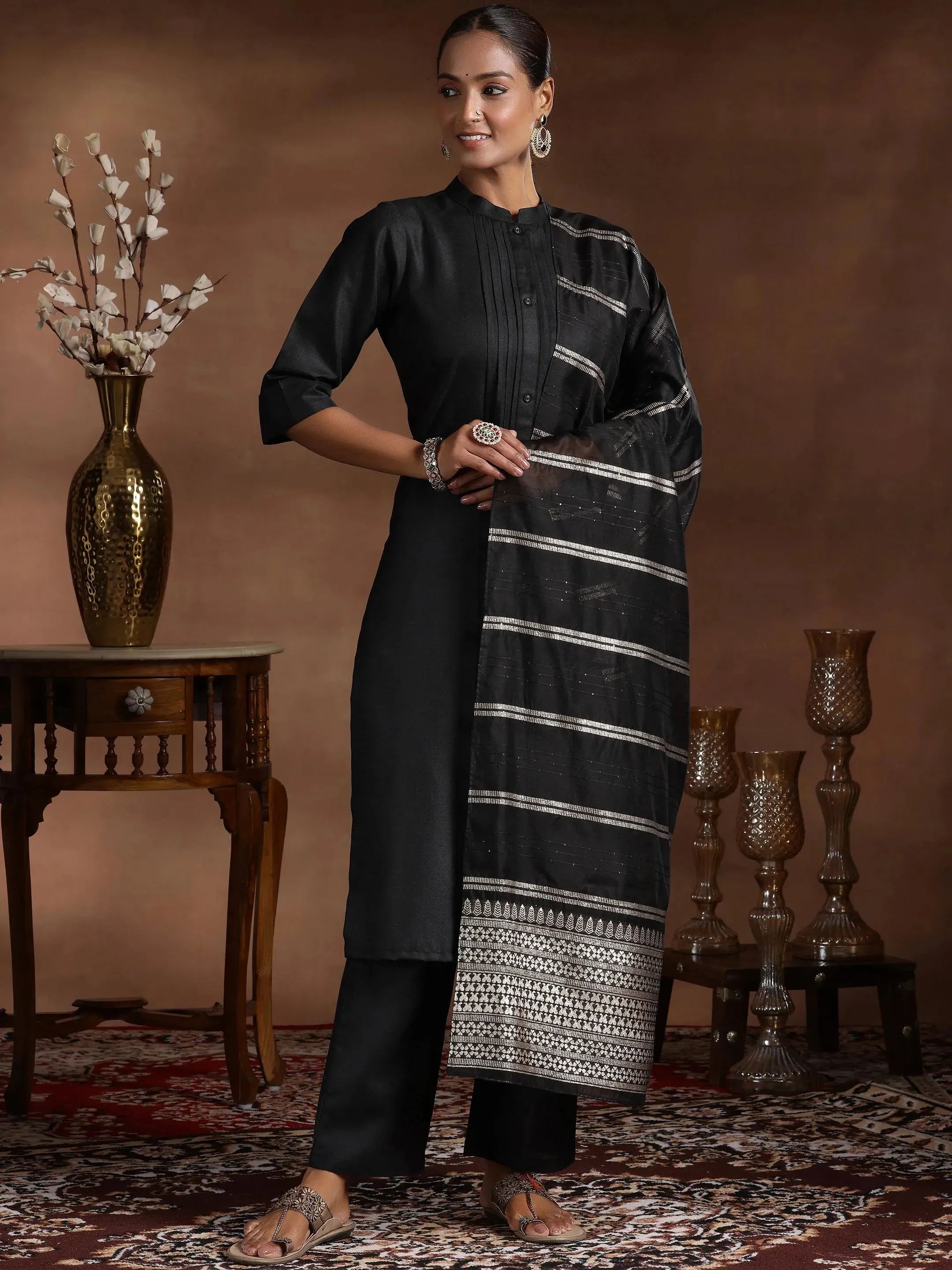 Black Solid Silk Blend Straight Suit With Dupatta
