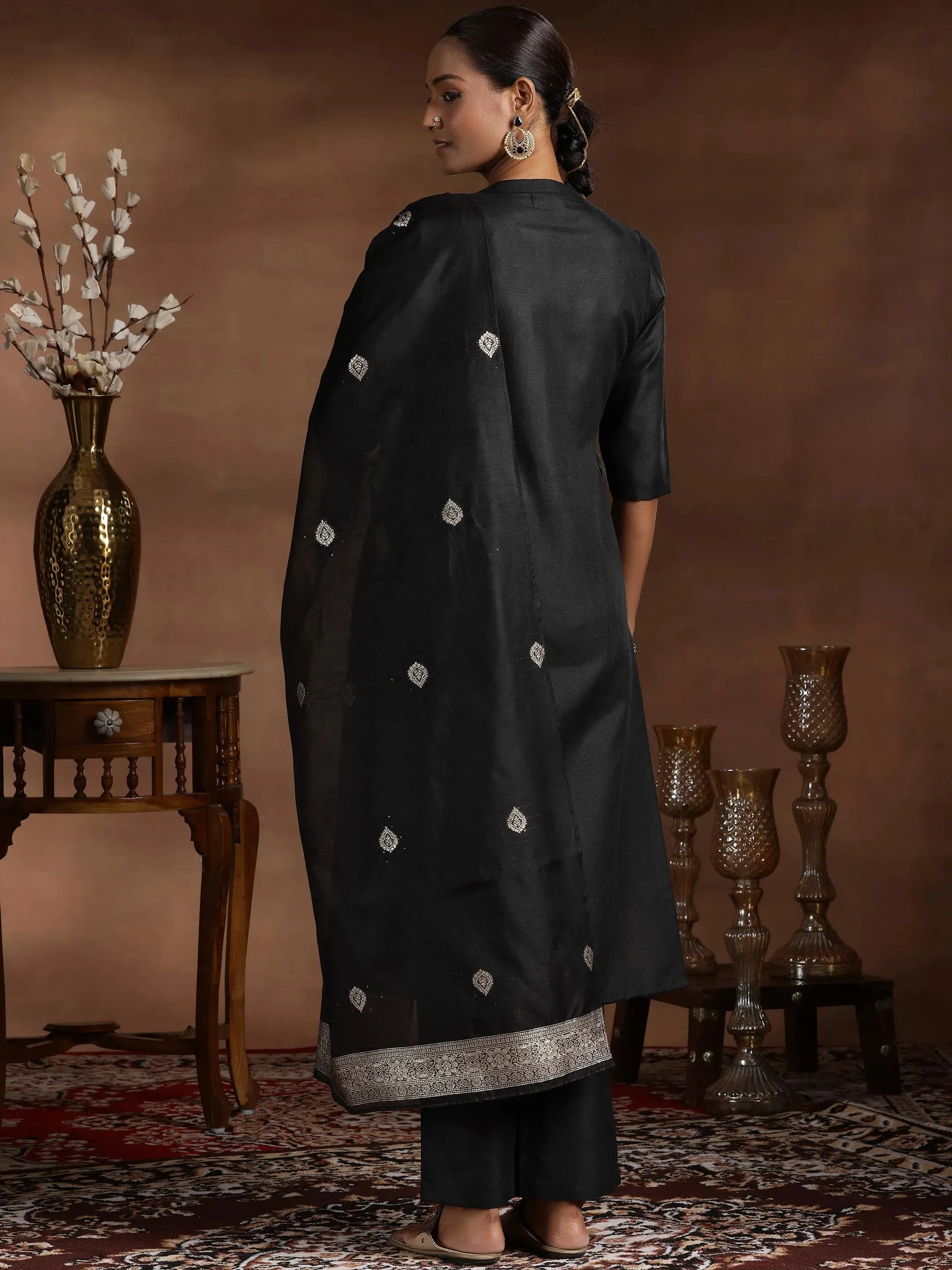 Black Solid Silk Blend Straight Suit With Dupatta