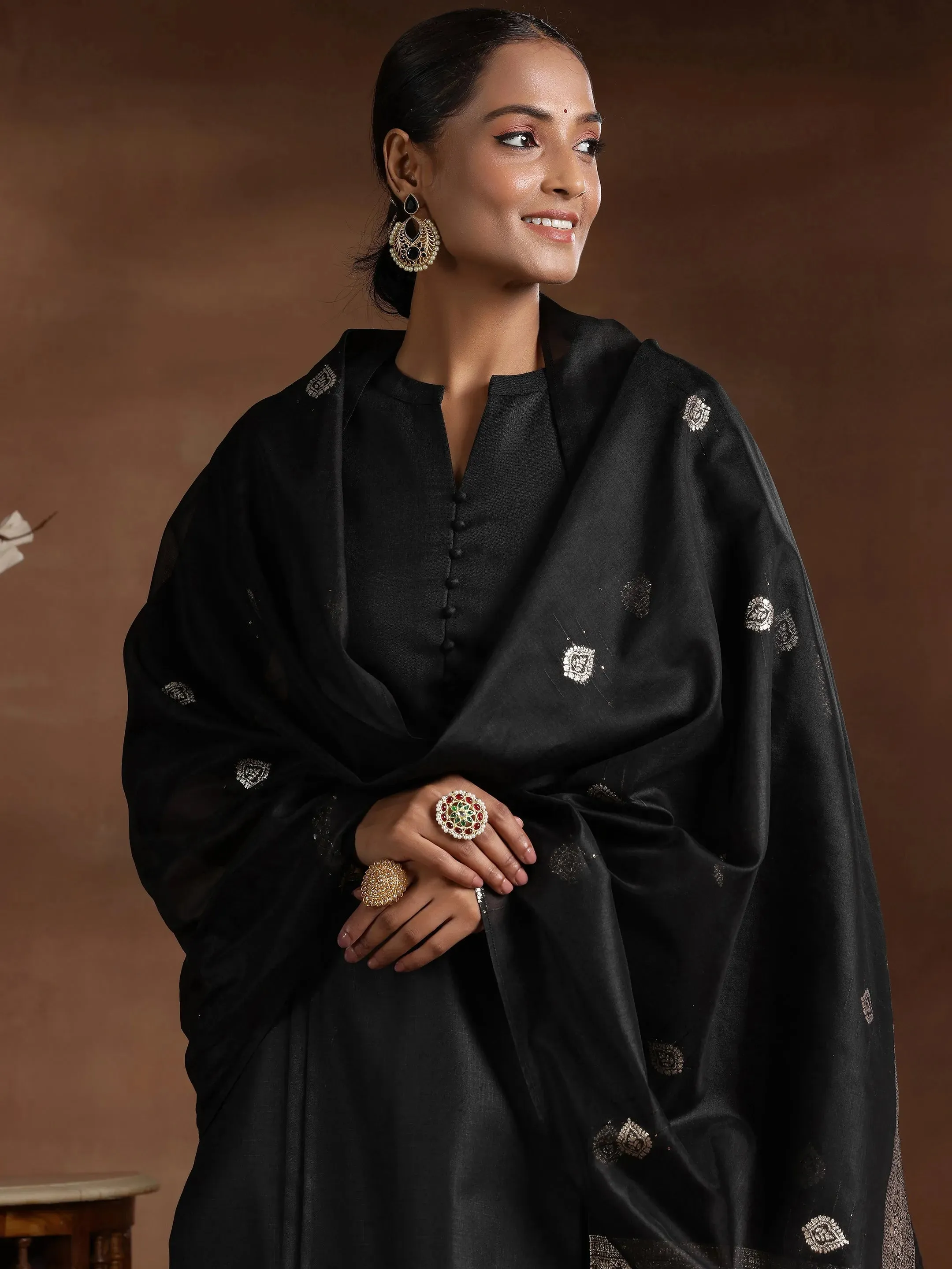 Black Solid Silk Blend Straight Suit With Dupatta