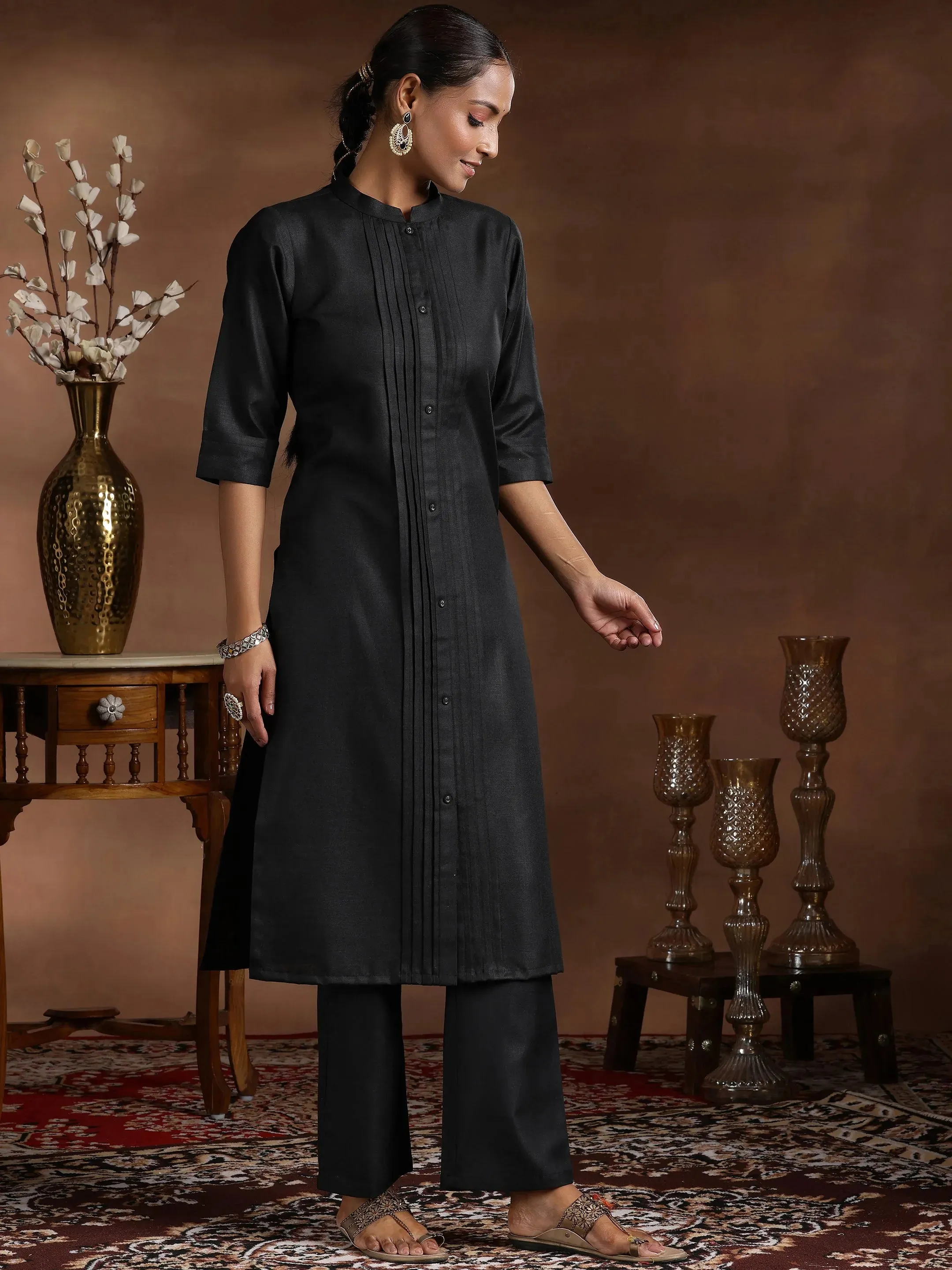 Black Solid Silk Blend Straight Suit With Dupatta