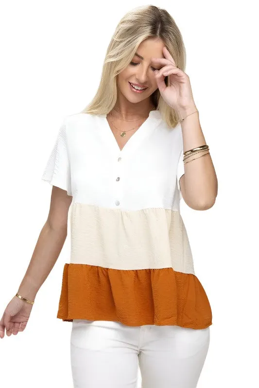 Color Block Notched Neck Blouse