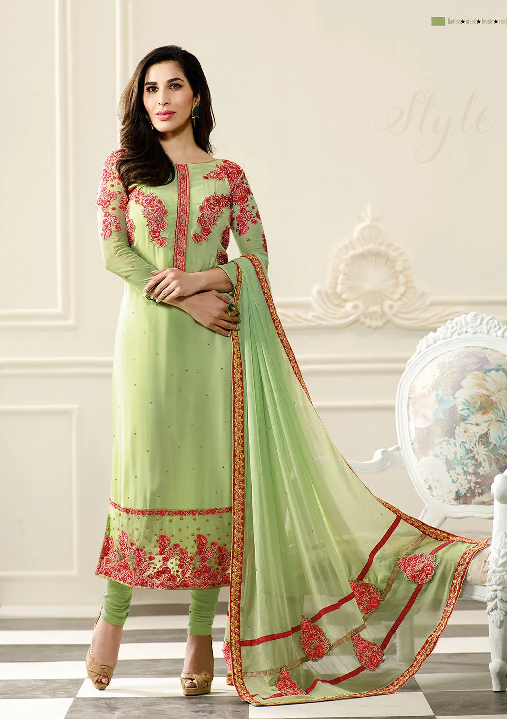 Green Georgette Embroieded Salwar Suit & Chiffon Embroieded Dupatta