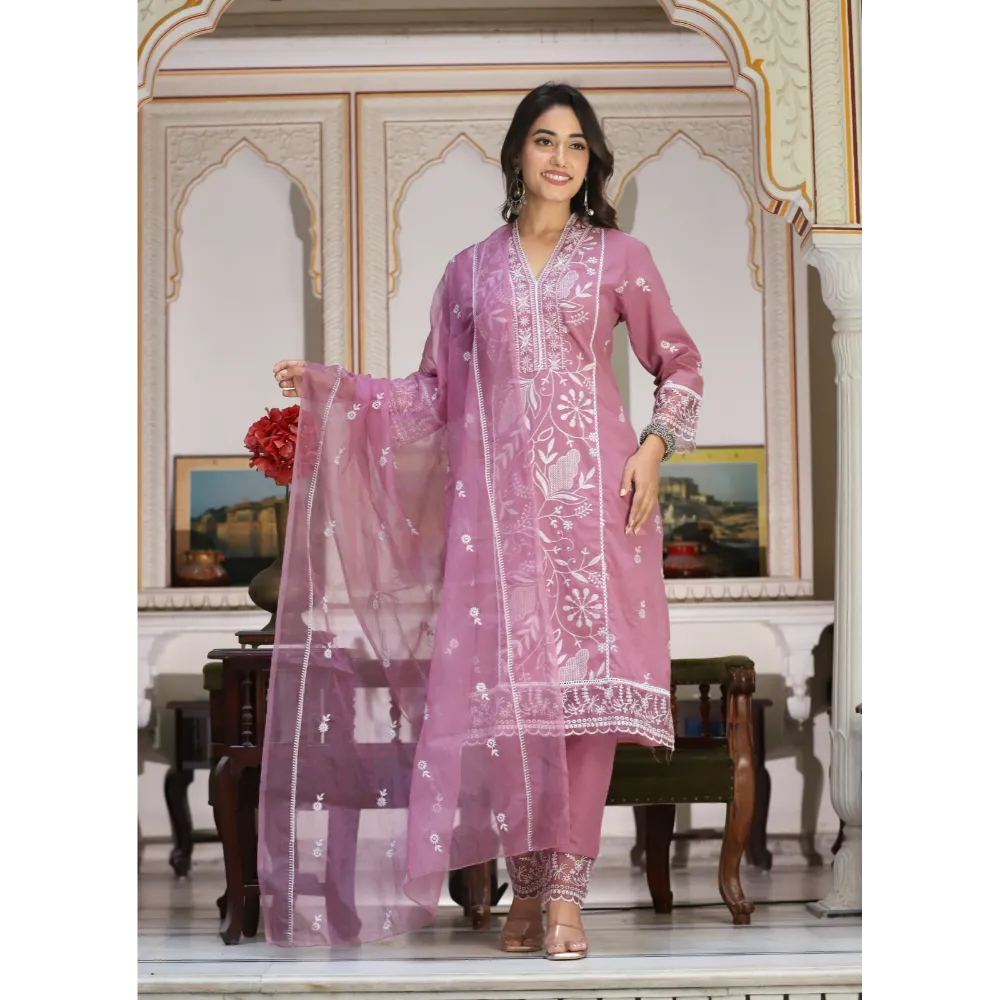 Indolady Cotton Pink Lucknowi Suit Set