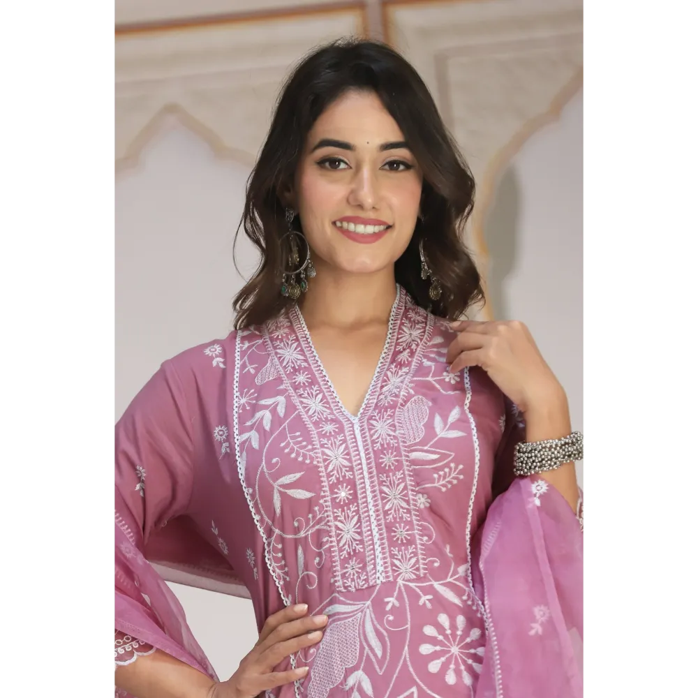 Indolady Cotton Pink Lucknowi Suit Set