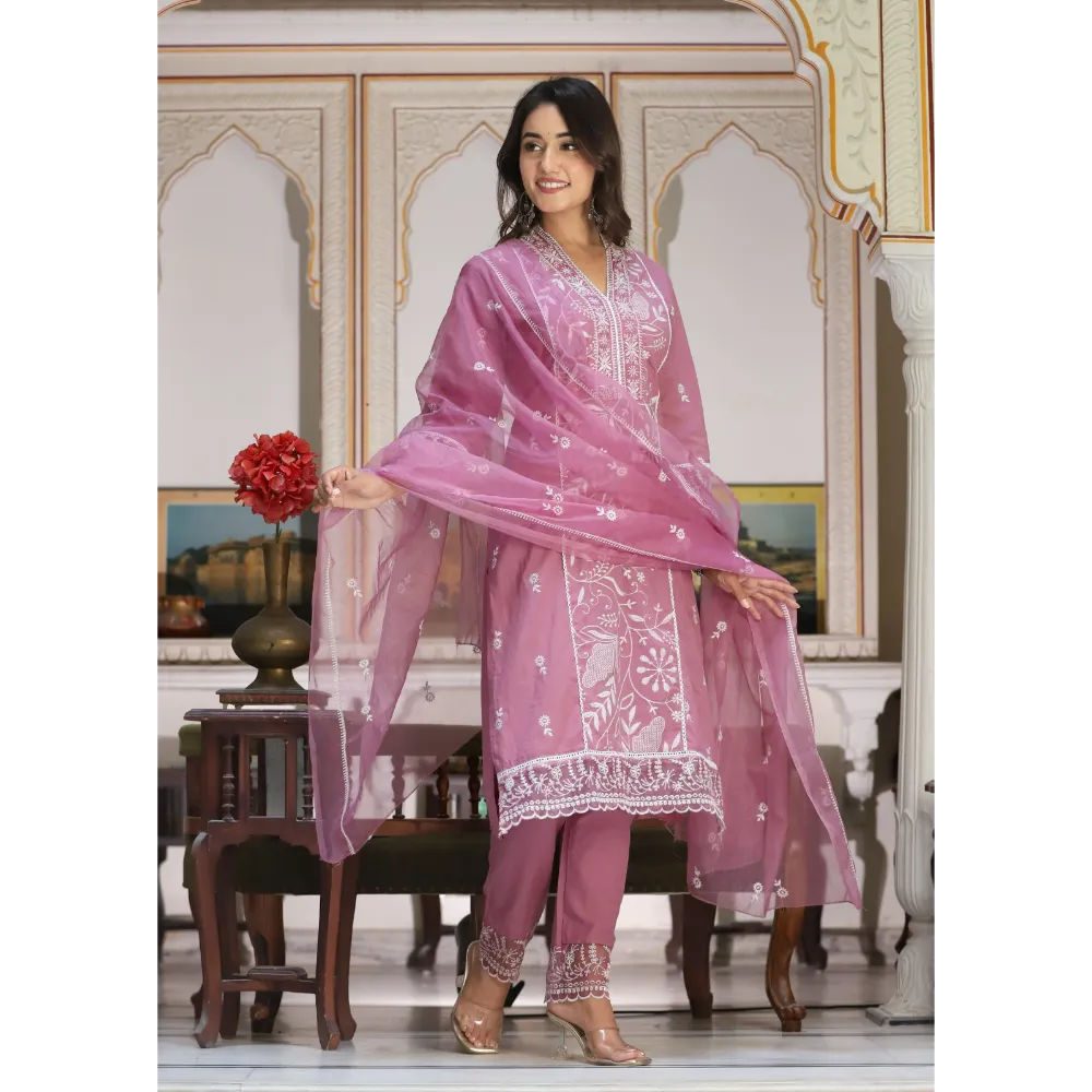 Indolady Cotton Pink Lucknowi Suit Set