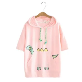 Kawaii Dinosaur Print Front Pocket Hooded T-shirt