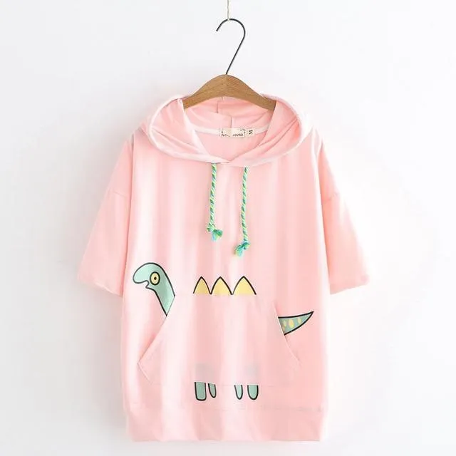 Kawaii Dinosaur Print Front Pocket Hooded T-shirt