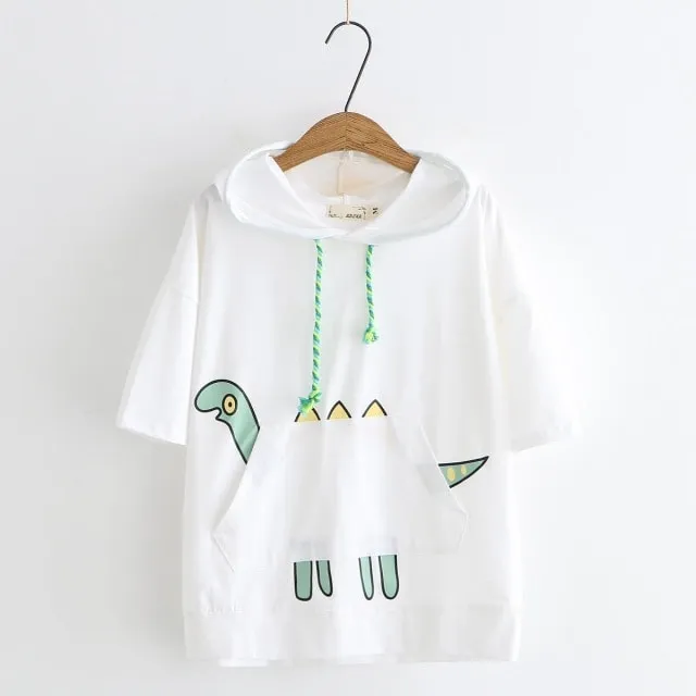 Kawaii Dinosaur Print Front Pocket Hooded T-shirt