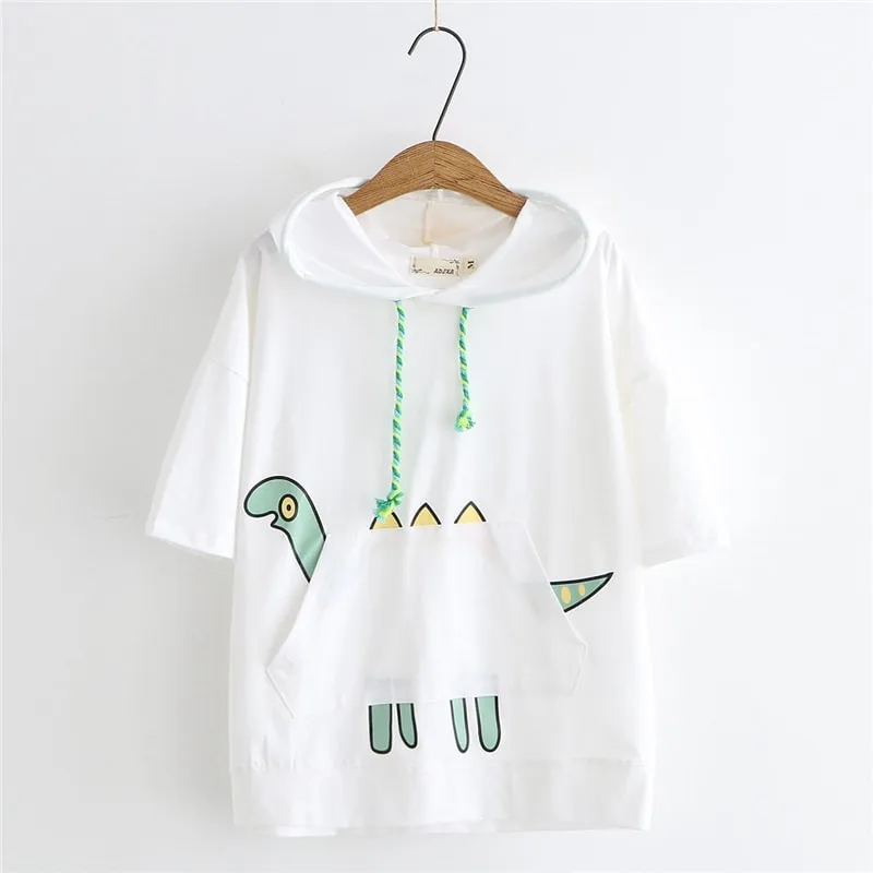 Kawaii Dinosaur Print Front Pocket Hooded T-shirt