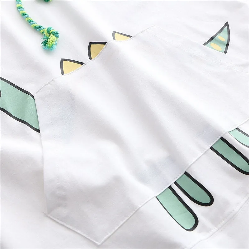 Kawaii Dinosaur Print Front Pocket Hooded T-shirt
