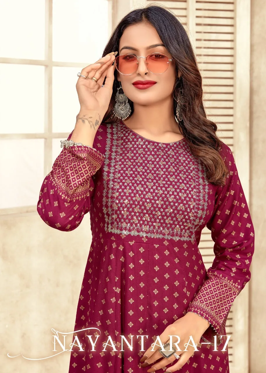 NAYANTHARA V-17 RAYON WITH FOIL PRINT SUIT