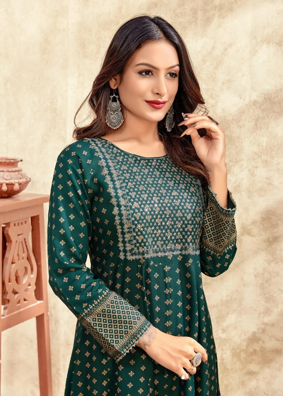 NAYANTHARA V-17 RAYON WITH FOIL PRINT SUIT