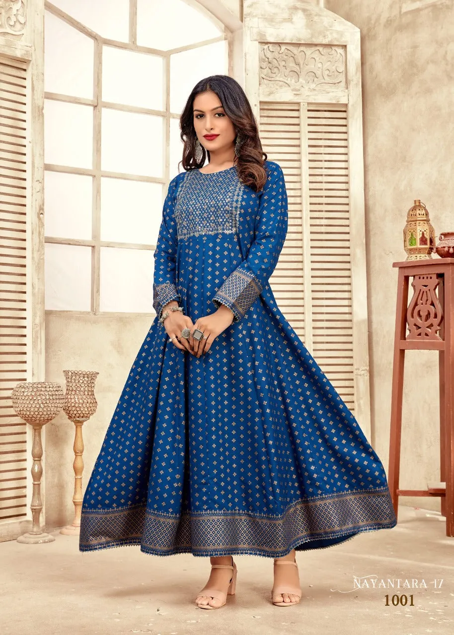 NAYANTHARA V-17 RAYON WITH FOIL PRINT SUIT