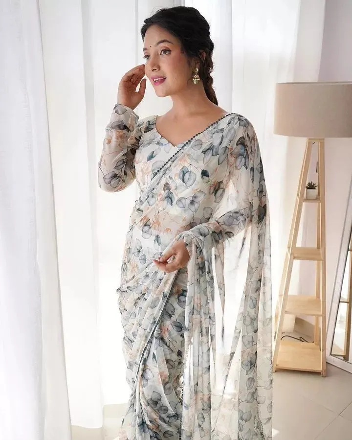Premium Georgette With Fancy Lace Border Work Read To Wear Sari With Blouse
