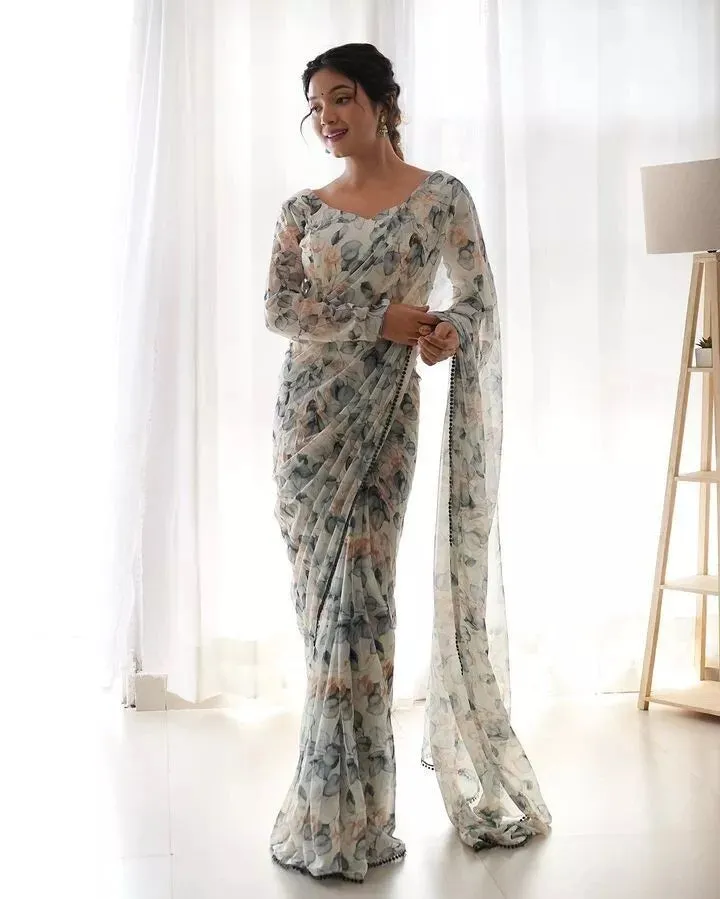 Premium Georgette With Fancy Lace Border Work Read To Wear Sari With Blouse