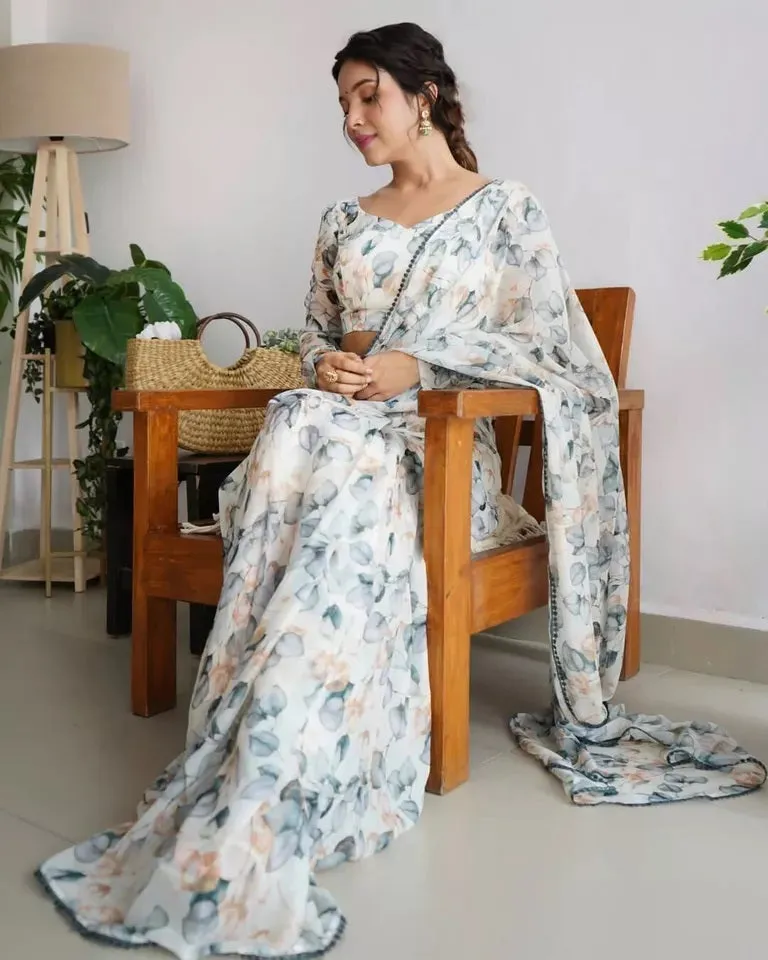 Premium Georgette With Fancy Lace Border Work Read To Wear Sari With Blouse