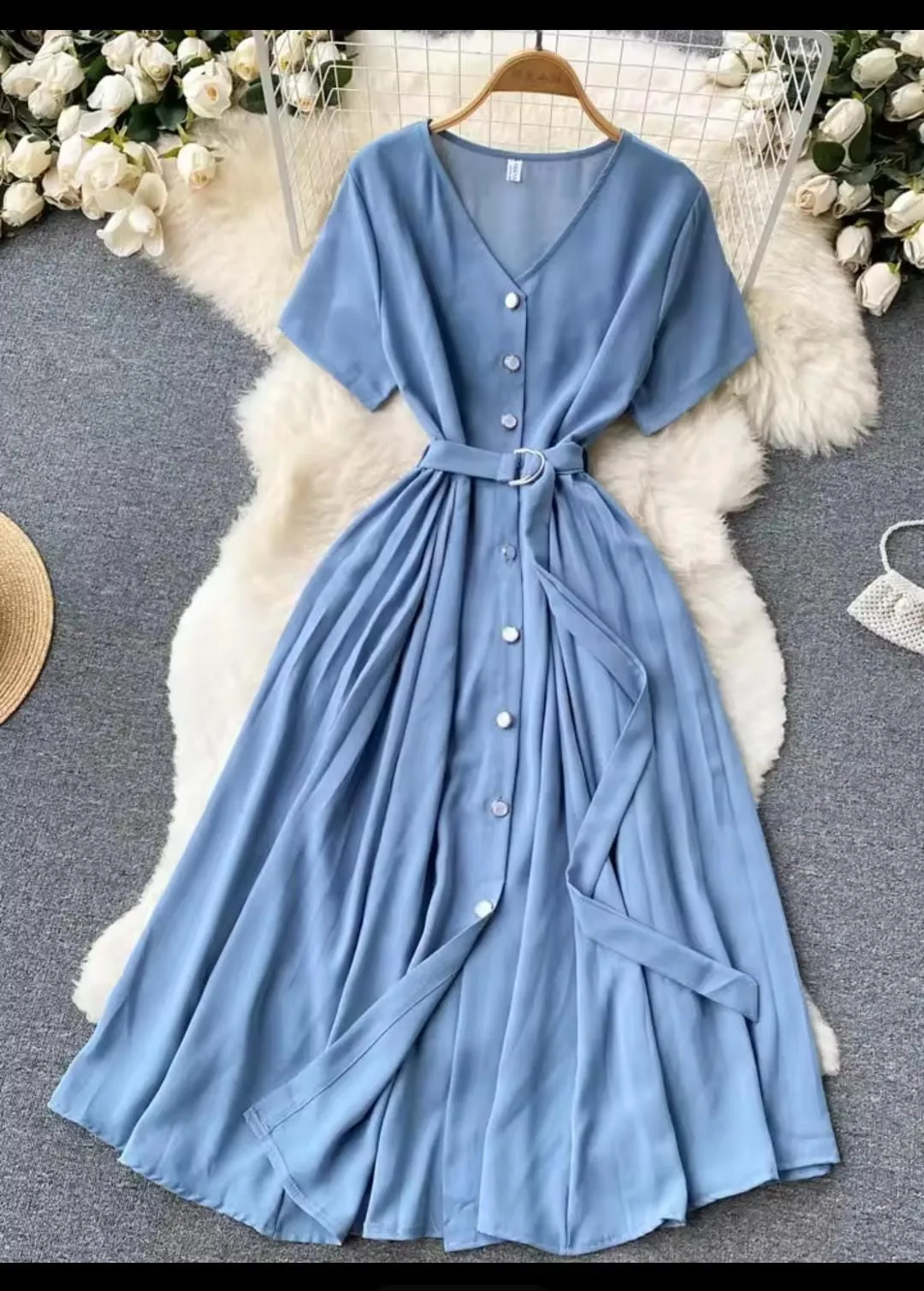 Summer Vintage V-neck Single Breasted Midi Dress 443971