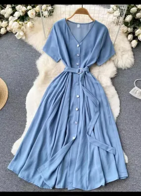 Summer Vintage V-neck Single Breasted Midi Dress 443971