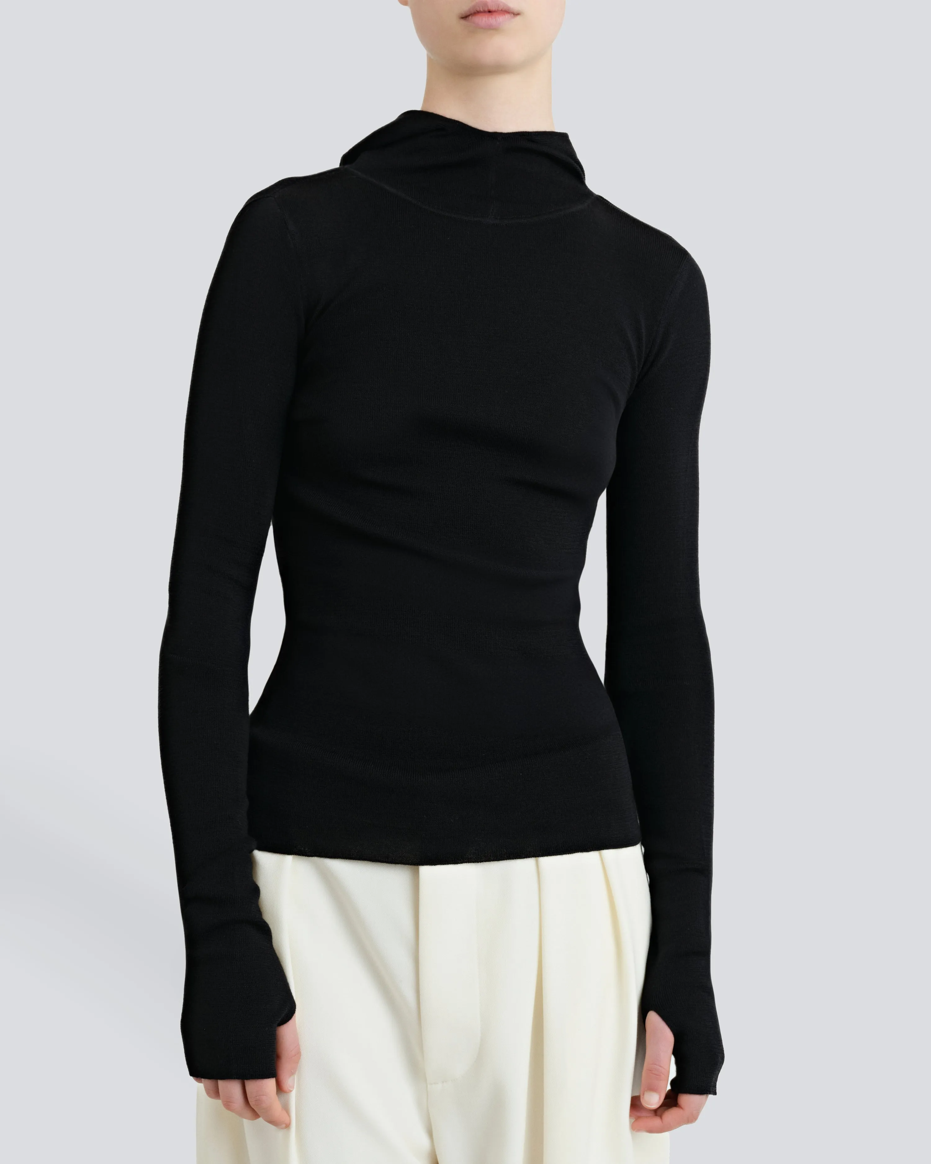 The Merino Thumbhole Hooded Sweater - Black