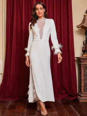 Woman's New Drill Deep V Slit Feather Dress B-44979