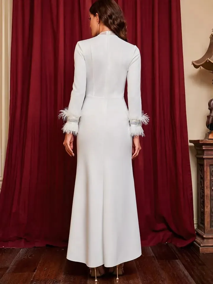 Women's Fashion Evening Dress O-neck Patchwork Gauze Long Sleeve Feather Slim Elegant Party Dresses Autumn B-44755