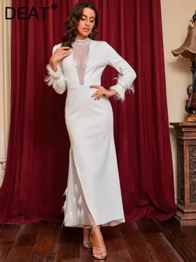 Women's Fashion Evening Dress O-neck Patchwork Gauze Long Sleeve Feather Slim Elegant Party Dresses Autumn B-44755