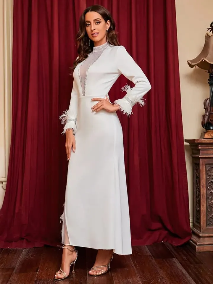 Women's Fashion Evening Dress O-neck Patchwork Gauze Long Sleeve Feather Slim Elegant Party Dresses Autumn B-44755